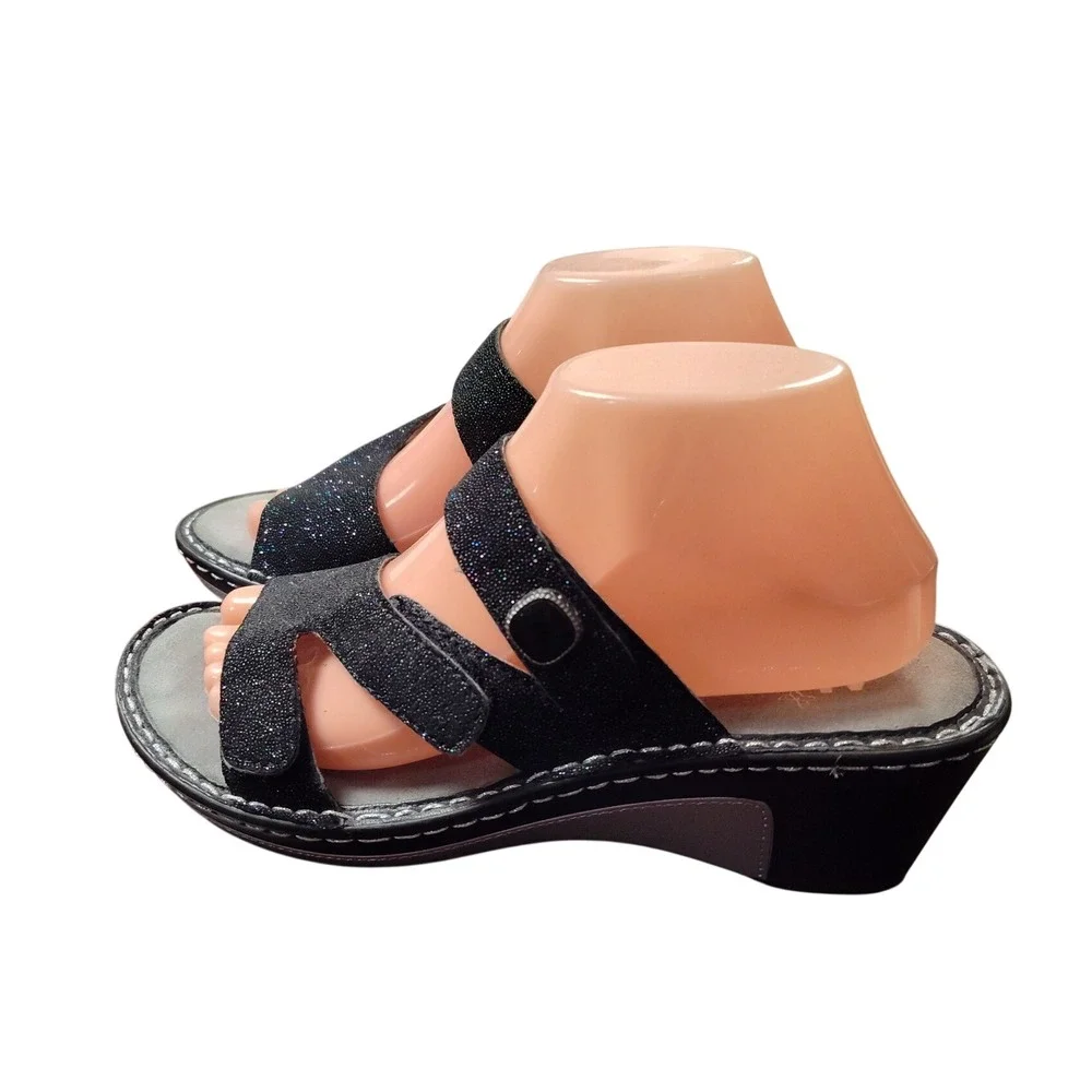 Alegria Wedge Sandals Womens 38 Black Glitter Leather LOT-699 Comfort